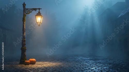 Atmospheric street scene with a vintage lamp post and pumpkins in fog