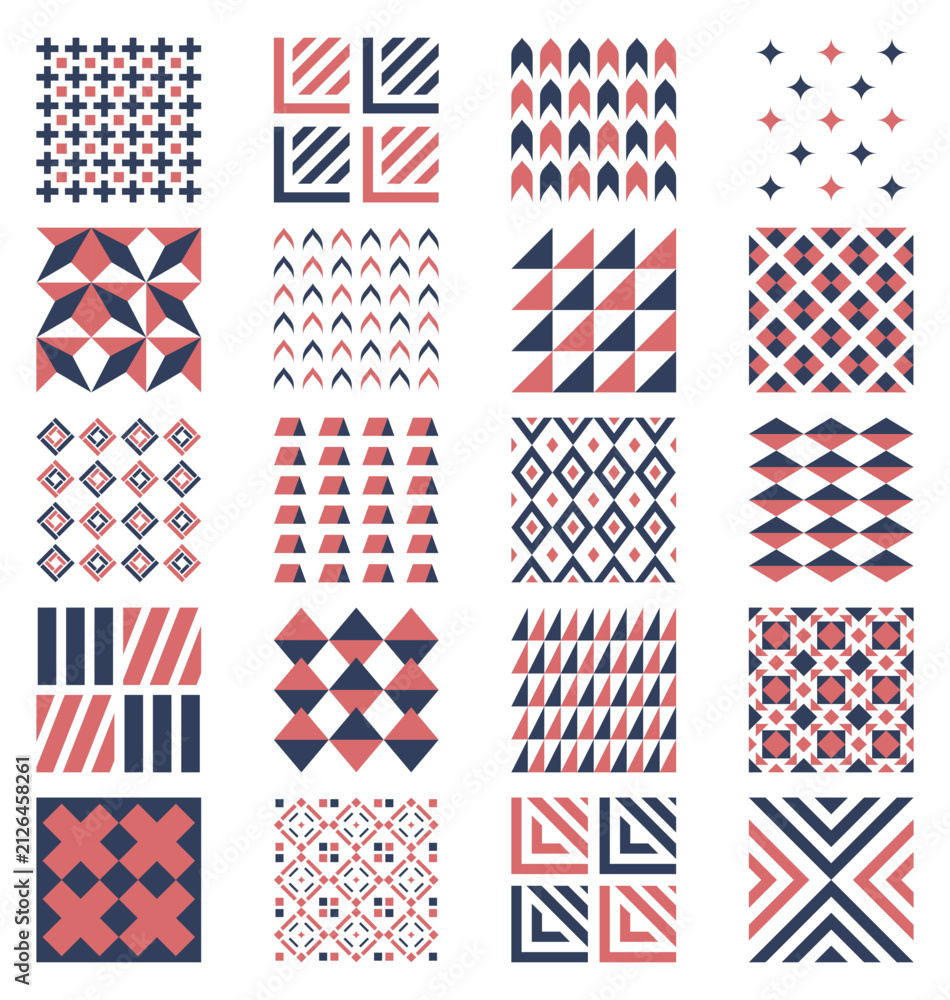 Fototapeta premium Abstract geometric seamless patterns set with minimalist terracotta red and navy blue textures vector