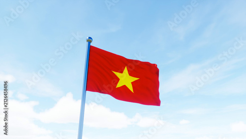 Foto Vietnam national flag waving in a bright blue sky, ideal for patriotism, national identity, government, travel, and Southeast Asia concepts