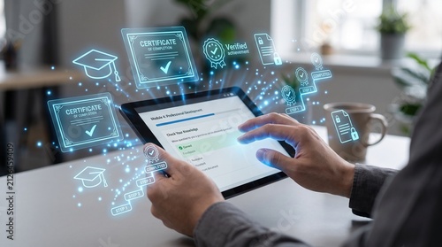 Online eLearning Education and AI Training Concept with Person Using Tablet for Digital Certification Knowledge and Professional Development Skills Learning through Virtual Course Platform