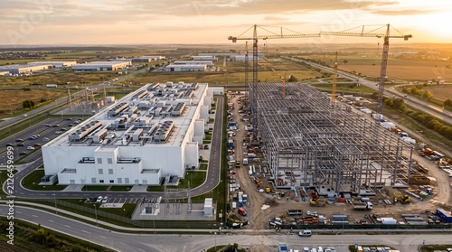 High Aerial of a Finished White Data Center Hall Beside a Steel Frame Building Under Construction With Four Tower Cranes Against a Hazy Golden Sunset Over Flat Farmland Industry