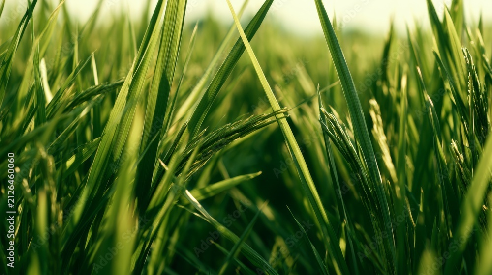 Naklejka premium Lush Green Grass Close-Up Capturing the Natural Beauty of Fresh Vegetation Under Soft Morning Light in a Tranquil Outdoor Environment