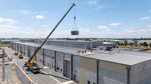 Elevated Three Quarter View of a Mobile Crane Hoisting a Grey Rooftop HVAC Unit Onto a Precast Concrete Data Hall Roof in Midday Sun With Distant Helmeted Workers on the Deck Industry