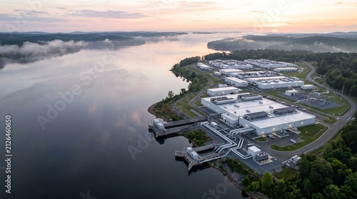 Foto High Dawn Aerial of a White Data Center Campus on a Wooded Headland Beside a Bro