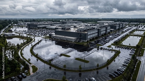 Aerial of a Grey and White Multi Building Data Center Campus After Heavy Rain With a Flooded Parking Lot Mirroring the Storm Clouds and Retention Ponds Either Side Technology