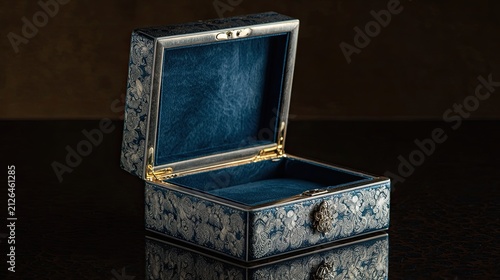 Elegant Open Ornate Jewelry Box with Blue Velvet Interior