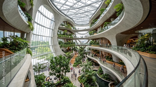 Futuristic Biophilic Office Building Interior with Lush Greenery and Modern Architecture