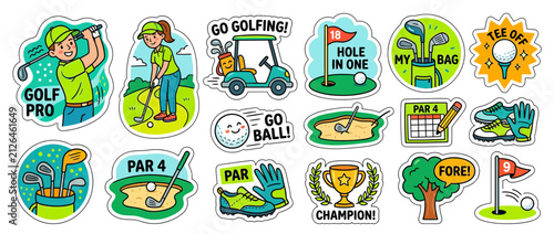 Golf Sport Fun Cartoon Stickers Collection Isolated