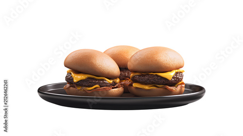Three juicy cheeseburgers on plate