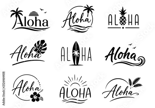 Aloha tropical typography set with 9 black vector logos, Hawaiian summer lettering with palm trees and hibiscus, beach vacation emblems for apparel