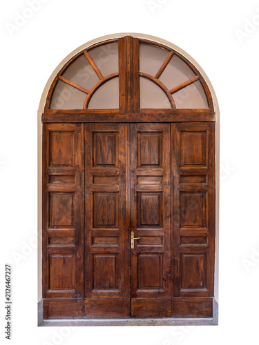 Elegant classical dark brown solid wood entrance door featuring four paneled sections and a semi-circular radial transom arched window above. Isolated