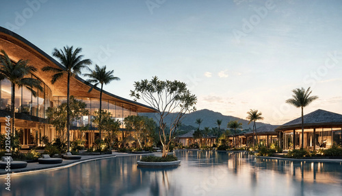 Luxury resort swimming pool at twilight with lush palm trees swimming twilight architecture vacation tropical building destination relaxation paradise peaceful luxurious lighting