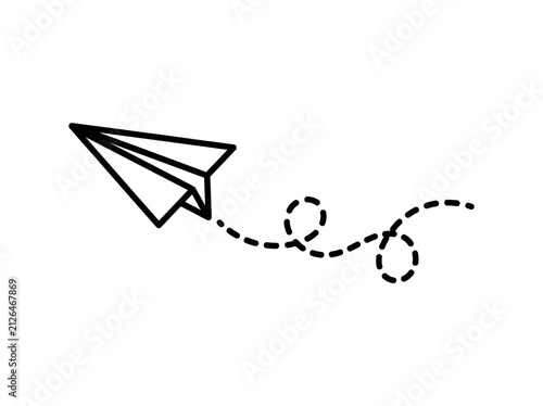 Hand drawn sketch of a paper airplane flying with a dotted flight path line on white background