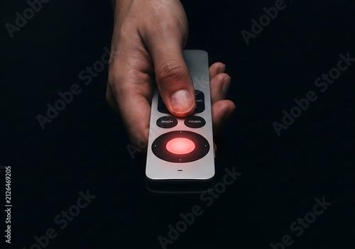 A hand holding a modern television remote control with a glowing red light button against a dark background