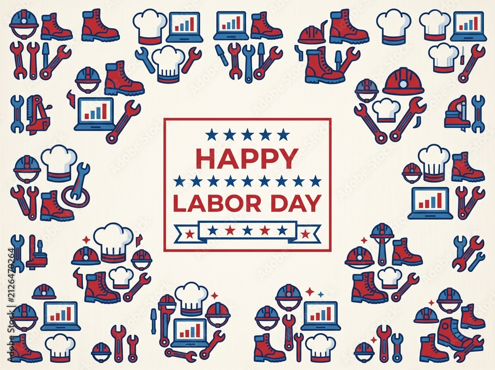 Fototapeta premium Happy Labor Day Greeting Card with Flat Icons of Work Tools, Hard Hats, Chef Hats, and Boots in Red and Blue Colors