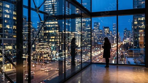 Woman silhouetted against a modern city skyline at night viewed through a large glass window