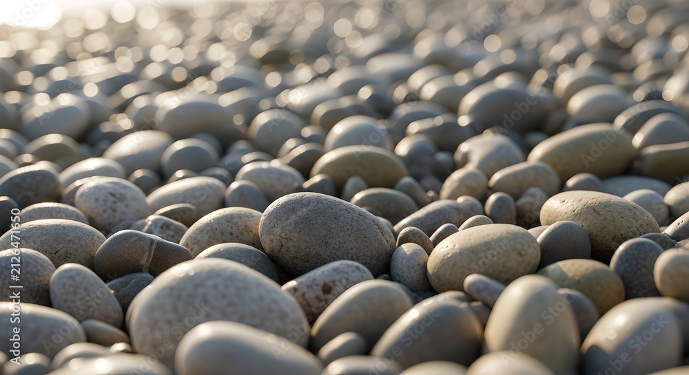Fototapeta premium Close-Up Macro Shot of Smooth Sea Pebbles with Golden Hour Glow — Textured Rounded Stones in Neutral Tones and Soft Bokeh Background