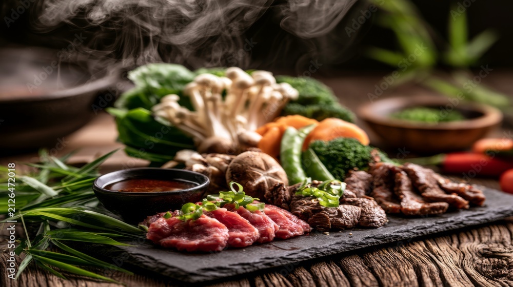 Fototapeta premium Fresh raw ingredients for gourmet cooking including beef, vegetables, mushrooms, and sauce arranged on a slate platter with steam rising in a warm kitchen