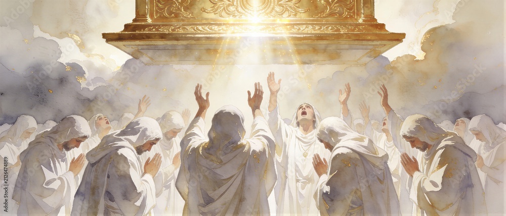 Obraz premium Group of men and woman in white robe worshipping under golden light from heaven. Biblical rapture and ascension scene. Banner with copy space