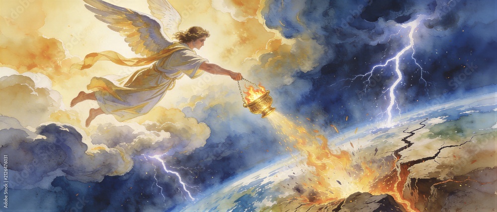 Obraz premium Angel pouring fire from censer onto earth during apocalypse. Biblical revelation scene with lightning storm. Banner with copy space