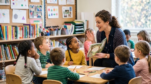 Teacher reading a book to diverse group of young elementary school children in a classroom setting