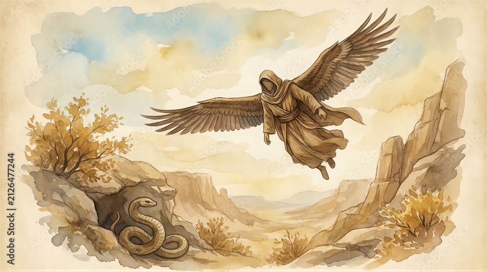 Obraz premium Winged hooded angel flying over rocky desert landscape with serpent. Biblical apocalypse illustration depicting spiritual battle. Religious art showing divine power and ancient prophecy.