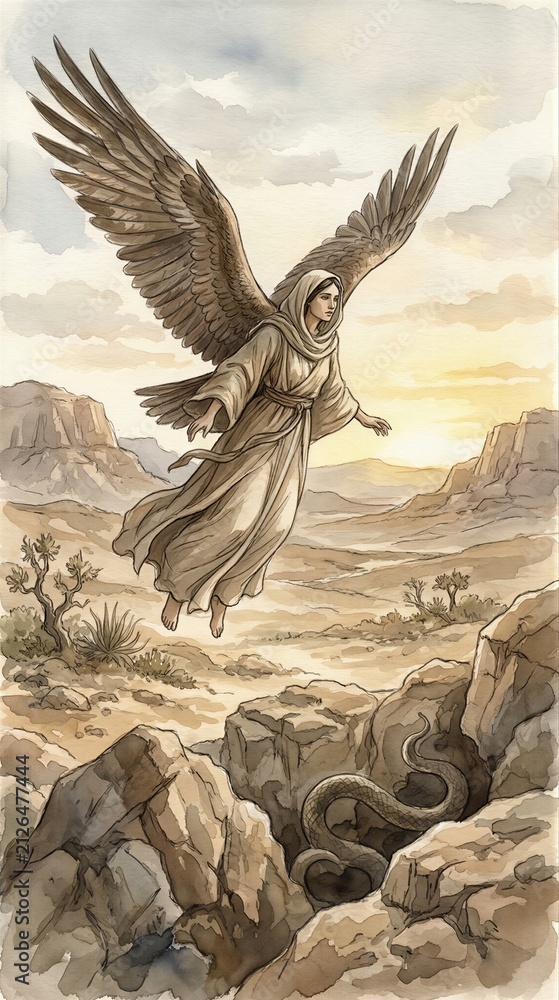 Obraz premium Woman angel with wings flying over a desert landscape with a snake hidden in rocks. Biblical apocalypse narrative illustration. Celestial messenger representing divine judgment and hope.