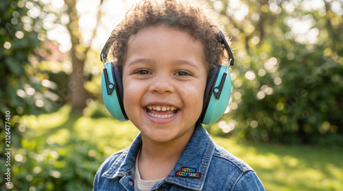 Happy child with curly hair wearing noise cancelling earmuffs. Boy enjoying day outdoors for Autism Acceptance. Sensory support and neurodiversity concept for Autistic Pride Day event.