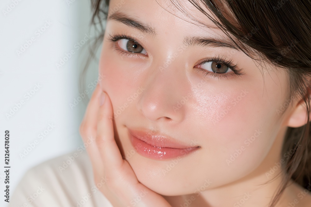 Obraz premium 透明感溢れる素肌が美しい笑顔の日本人女性クローズアップポートレート
