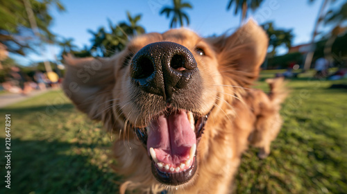 Happy Golden Retriever Dog Running Towards Camera in Park