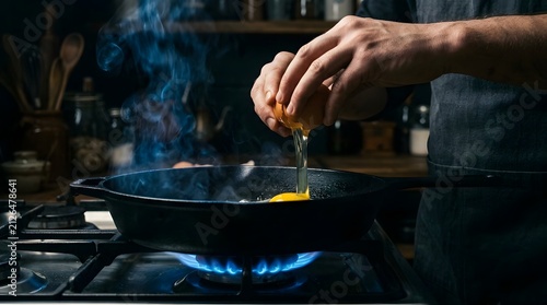 Chef Cracking Fresh Egg into Hot Skillet Pan on Gas Stove with Blue Flame in Dark Kitchen