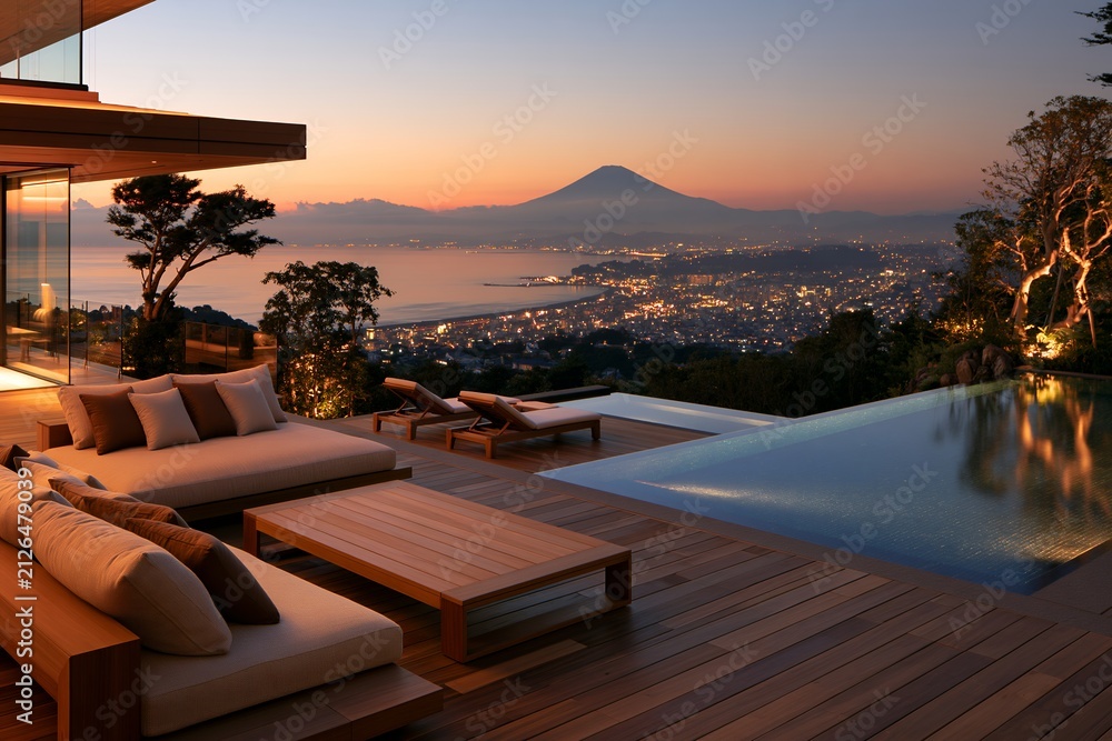 Fototapeta premium 富士山と夜景広がる豪華プールテラスでリラックス