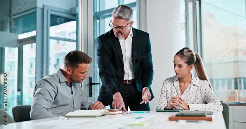 Meeting, tablet and talking with business people in boardroom for digital feedback or review. App, explain and discussion with corporate employee group in workplace for development or report