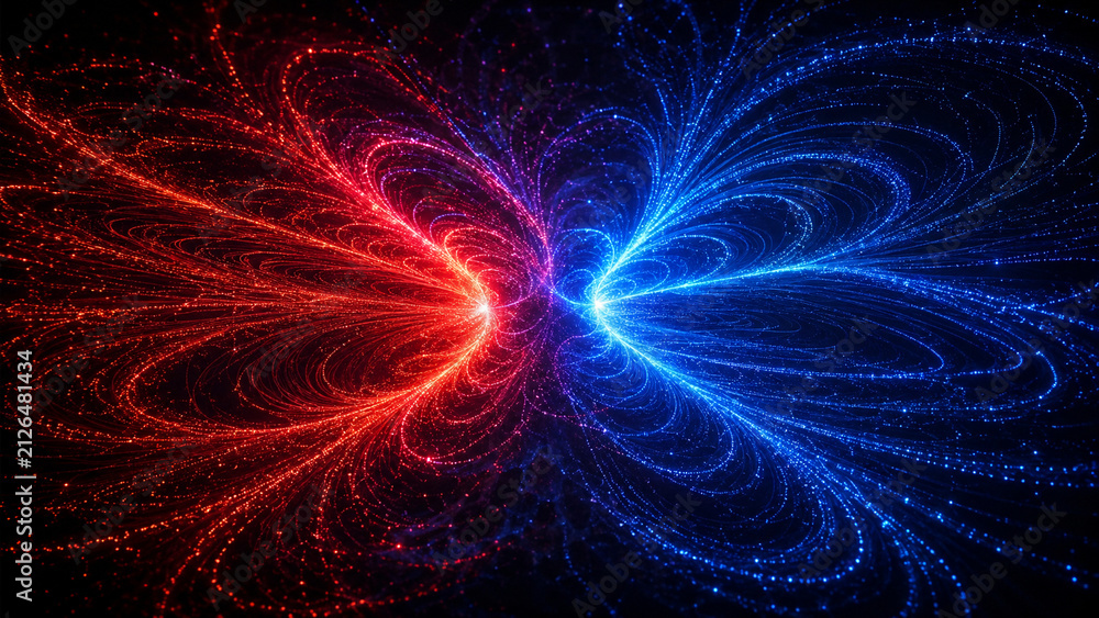 Fototapeta premium Dynamic red and blue particle energy streams colliding on a dark futuristic background. Cinematic abstract tech banner for AI, data, cyberspace, competition and digital design.