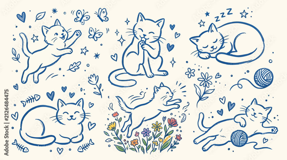 Obraz premium Cute cat doodle collection featuring kittens sleeping, chasing butterflies, playing with yarn ball, and jumping in hand drawn line art vector style