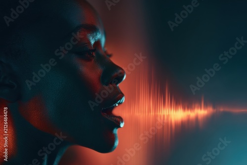 Close-up of a Person Speaking With Sound Waves in a Dark Room, Featuring Soft Light and Glowing Effects
