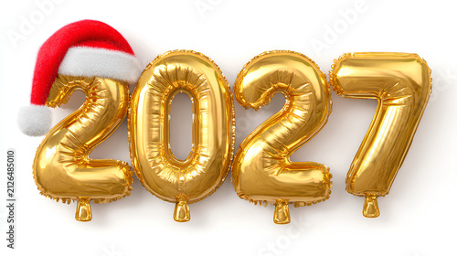 2027 golden balloons in Santa hats.