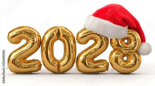 2028 golden balloons in Santa hats.