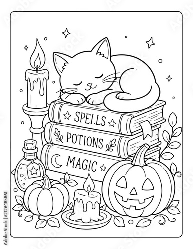 cute halloween sleeping black cat coloring page with magic books pumpkins candles and potion for kids printable vector illustration