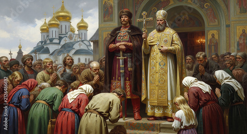 Orthodox cleric and leader preside outside a church as people pray. It captures a solemn religious occasion, faith, and cultural tradition