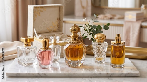A Collection of Elegant Perfume Bottles: Exquisite glass perfume bottles, each with unique designs and golden accents, are elegantly arranged on a marble tray, evoking luxury and sophistication.
