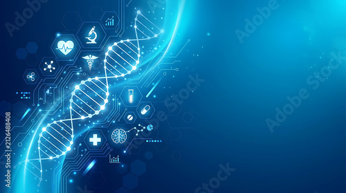 DNA helix with medical icons and glowing circuits in blue light for biotechnology concepts