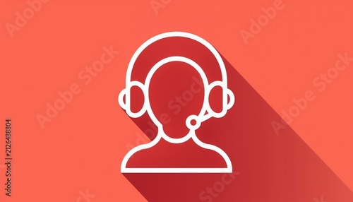 Minimalist customer support icon, white line art call center operator on red background, professional help desk avatar with headset