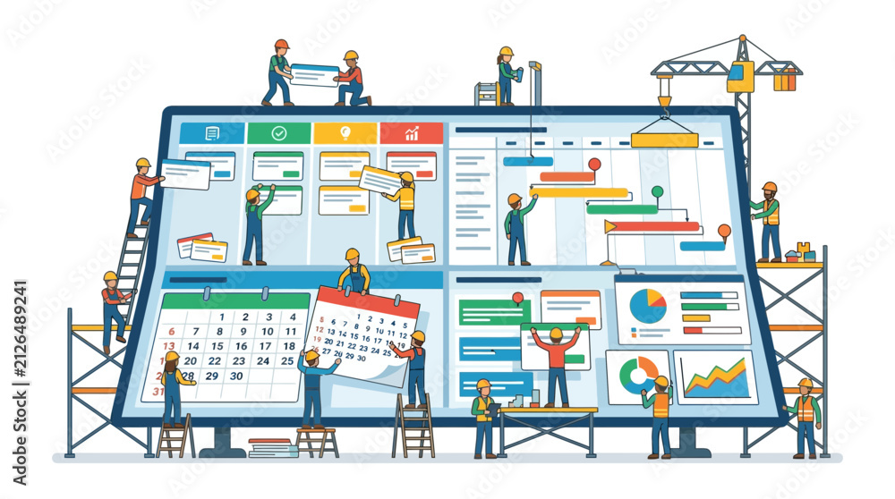 Fototapeta premium Project Management Concept with Construction Workers on Computer Screen
