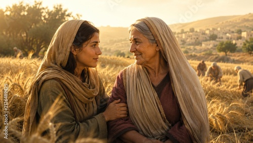 Young woman and elderly woman in ancient clothing standing in wheat field. Biblical scene depicting daughter-in-law and mother-in-law. Religious history, culture, and family connection.