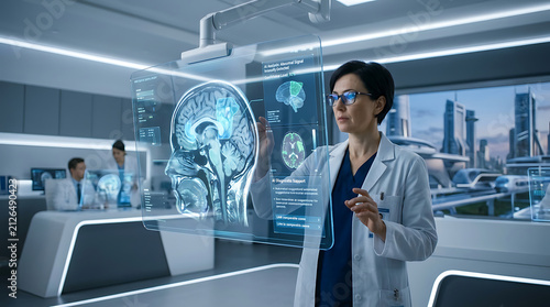 Female doctor examining brain scan hologram with futuristic technology in a modern medical lab