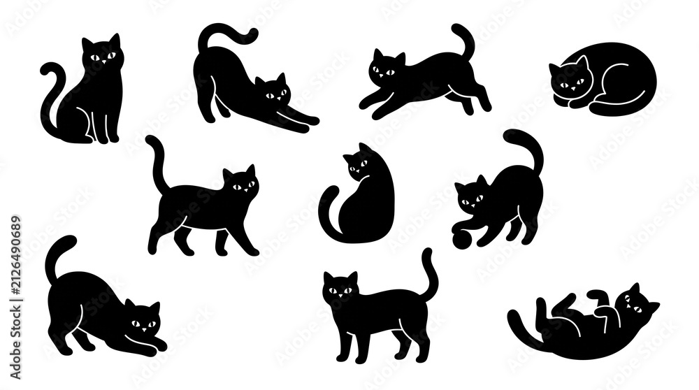 Fototapeta premium Set of black cat silhouettes in various poses isolated on transparent background