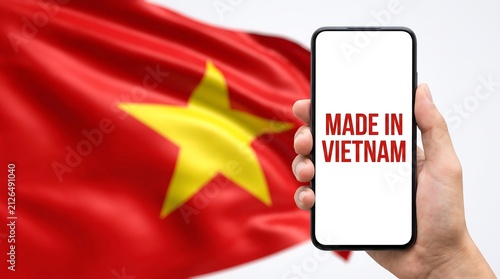 Smartphone Displaying Made in Vietnam Text with Waving National Flag