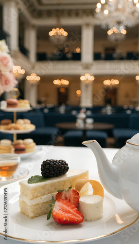 Elegant Layered Cake Slice With Berries On Fine China Plate At Luxury Hotel Ballroom With Chandelier And Pastry Stand Wedding Celebration Concept