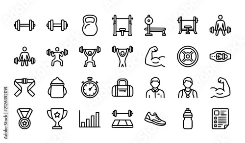 Weightlifting Line Icon Set with Editable Stroke Fitness Gym Equipment and Powerlifting Training Vector Collection